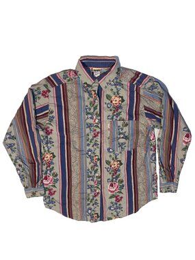 Vivaldi Jeanswear Vintage Floral Striped Button Up Top - M Grapes Blueberries